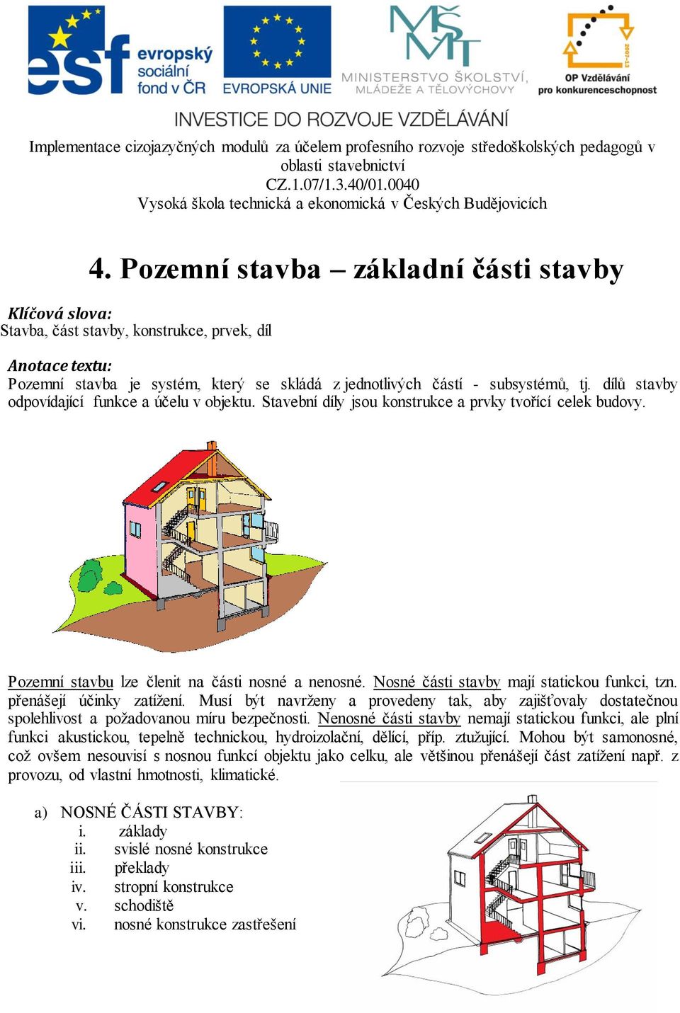 Nosné části stavby mají statickou funkci, tzn. přenášejí účinky zatížení. Musí být navrženy a provedeny tak, aby zajišťovaly dostatečnou spolehlivost a požadovanou míru bezpečnosti.