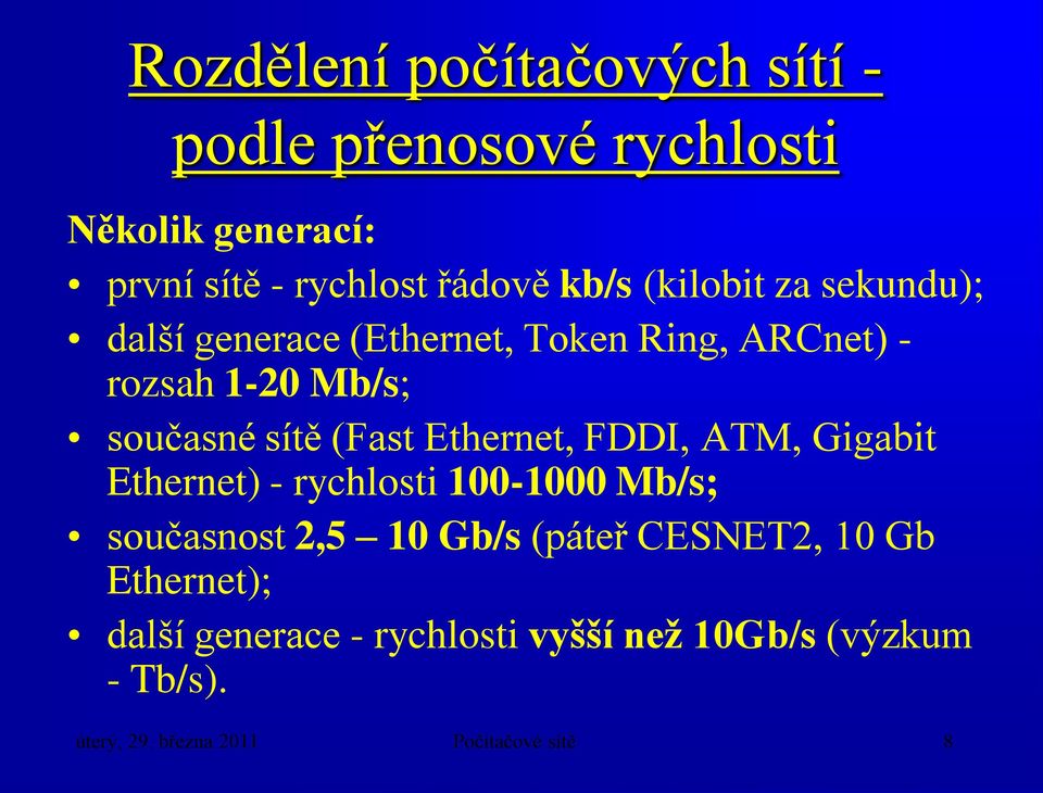 Ethernet, FDDI, ATM, Gigabit Ethernet) - rychlosti 100-1000 Mb/s; současnost 2,5 10 Gb/s (páteř CESNET2, 10