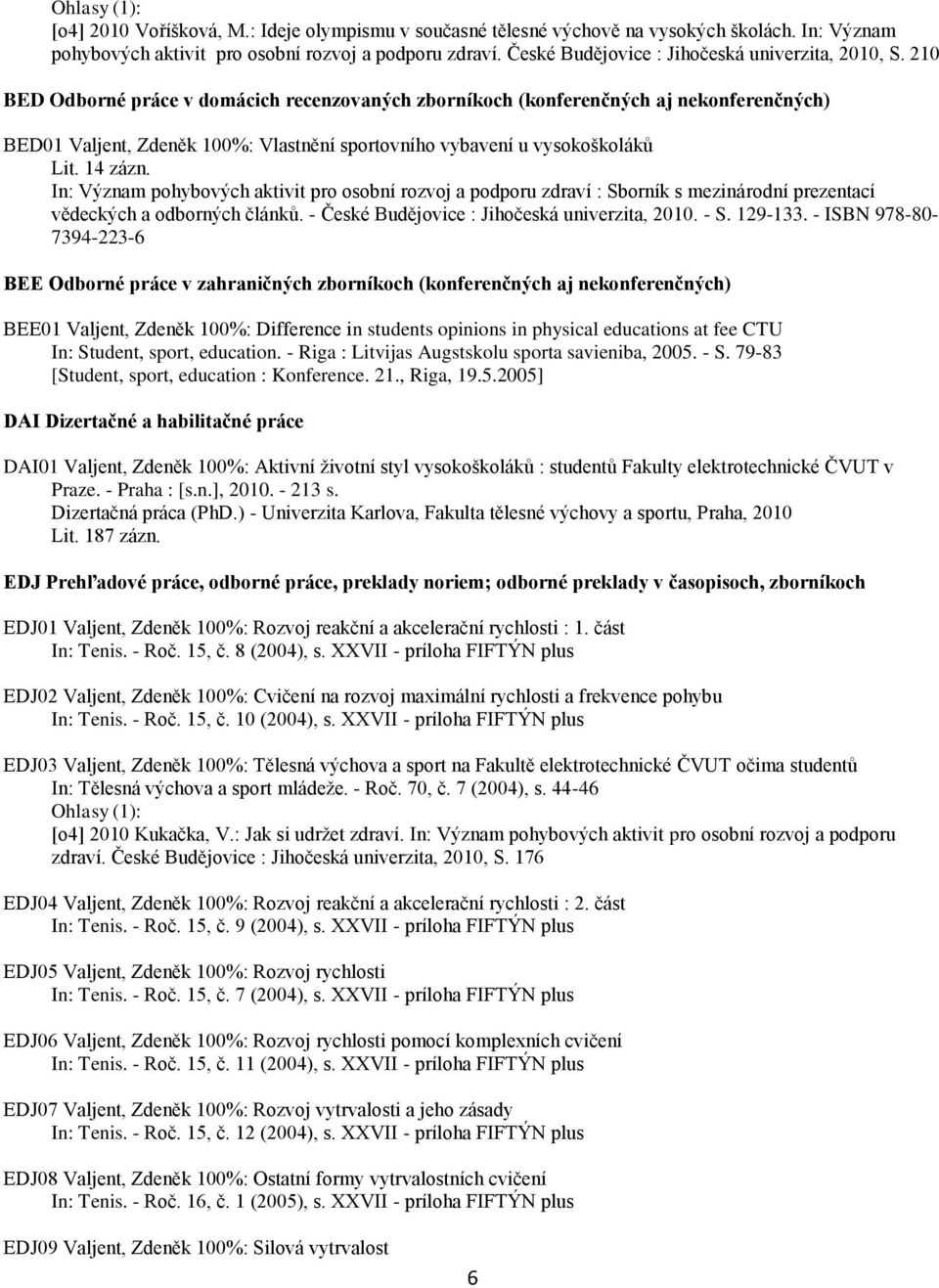 - ISBN 978-80- BEE Odborné práce v zahraničných zborníkoch (konferenčných aj nekonferenčných) BEE01 Valjent, Zdeněk 100%: Difference in students opinions in physical educations at fee CTU In: