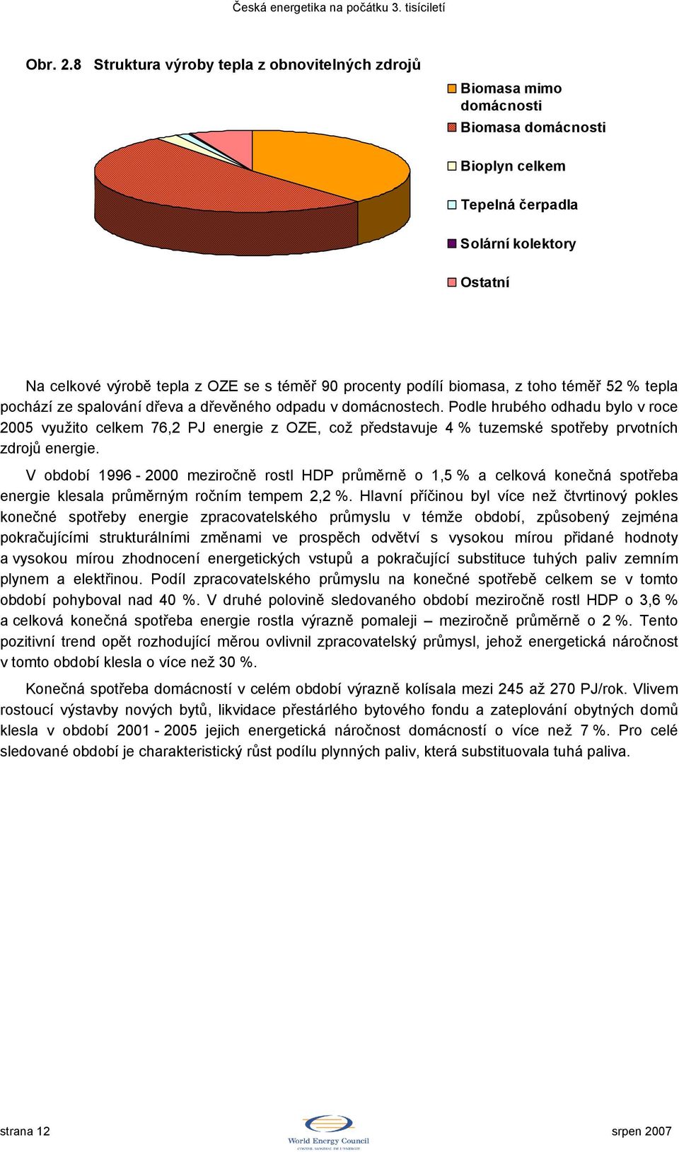 procenty podílí biomasa, z toho téměř 52 % tepla pochází ze spalování dřeva a dřevěného odpadu v domácnostech.