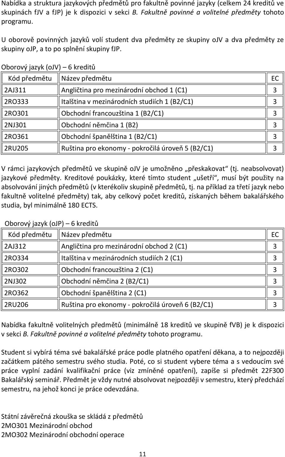Oborový jazyk (ojv) 6 kreditů Kód předmětu Název předmětu 2AJ311 Angličtina pro mezinárodní obchod 1 (C1) 3 2RO333 Italština v mezinárodních studiích 1 (B2/C1) 3 2RO301 Obchodní francouzština 1