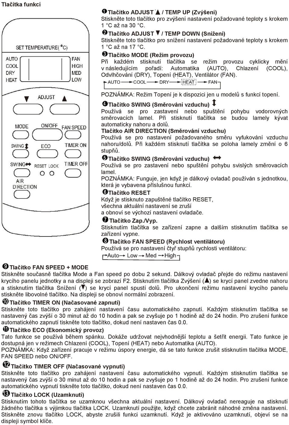 Tlačítko MODE (Režim provozu) Při každém stisknutí tlačítka se režim provozu cyklicky mění v následujícím pořadí: Automatika (AUTO), Chlazení (COOL), Odvlhčování (DRY), Topení (HEAT), Ventilátor