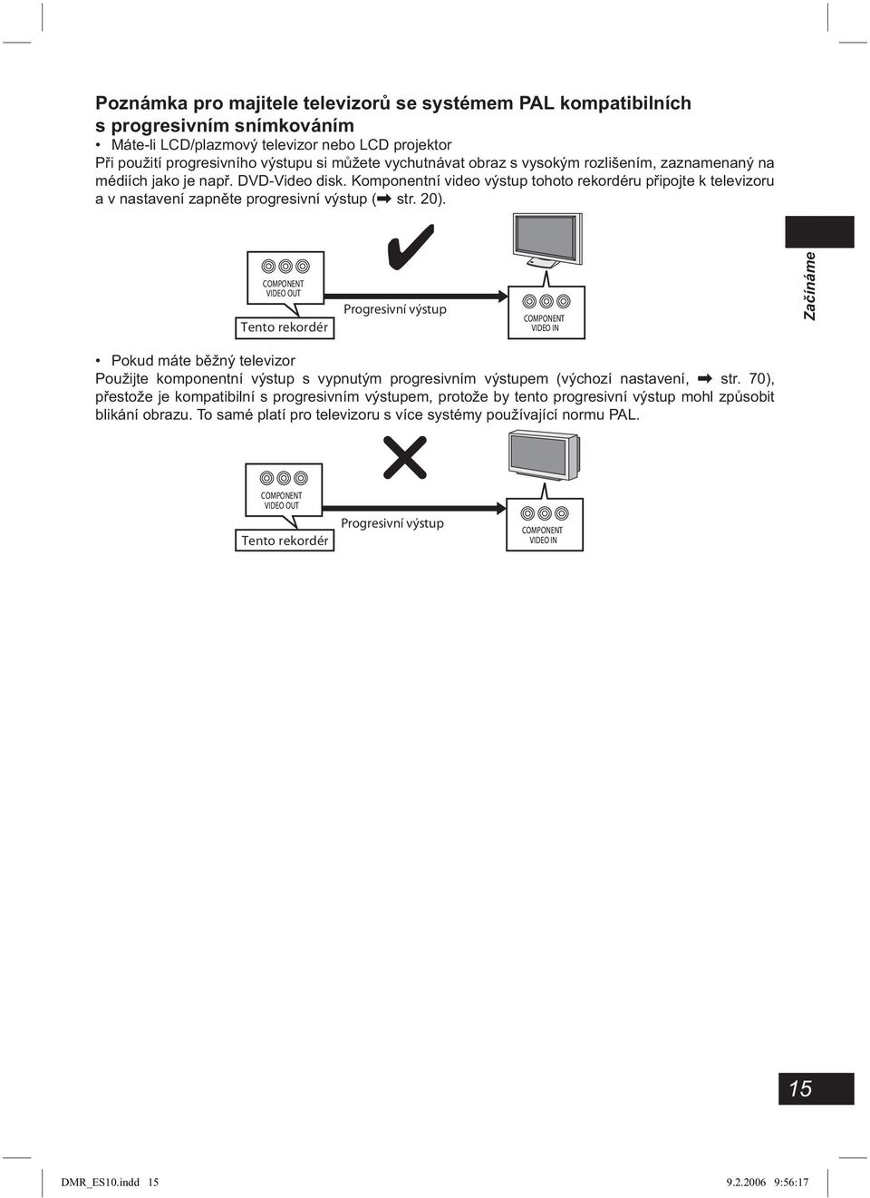 COMPONENT VIDEO OUT Tento rekordér Progresivní výstup COMPONENT VIDEO IN Začínáme Pokud máte běžný televizor Použijte komponentní výstup s vypnutým progresivním výstupem (výchozí nastavení, \ str.