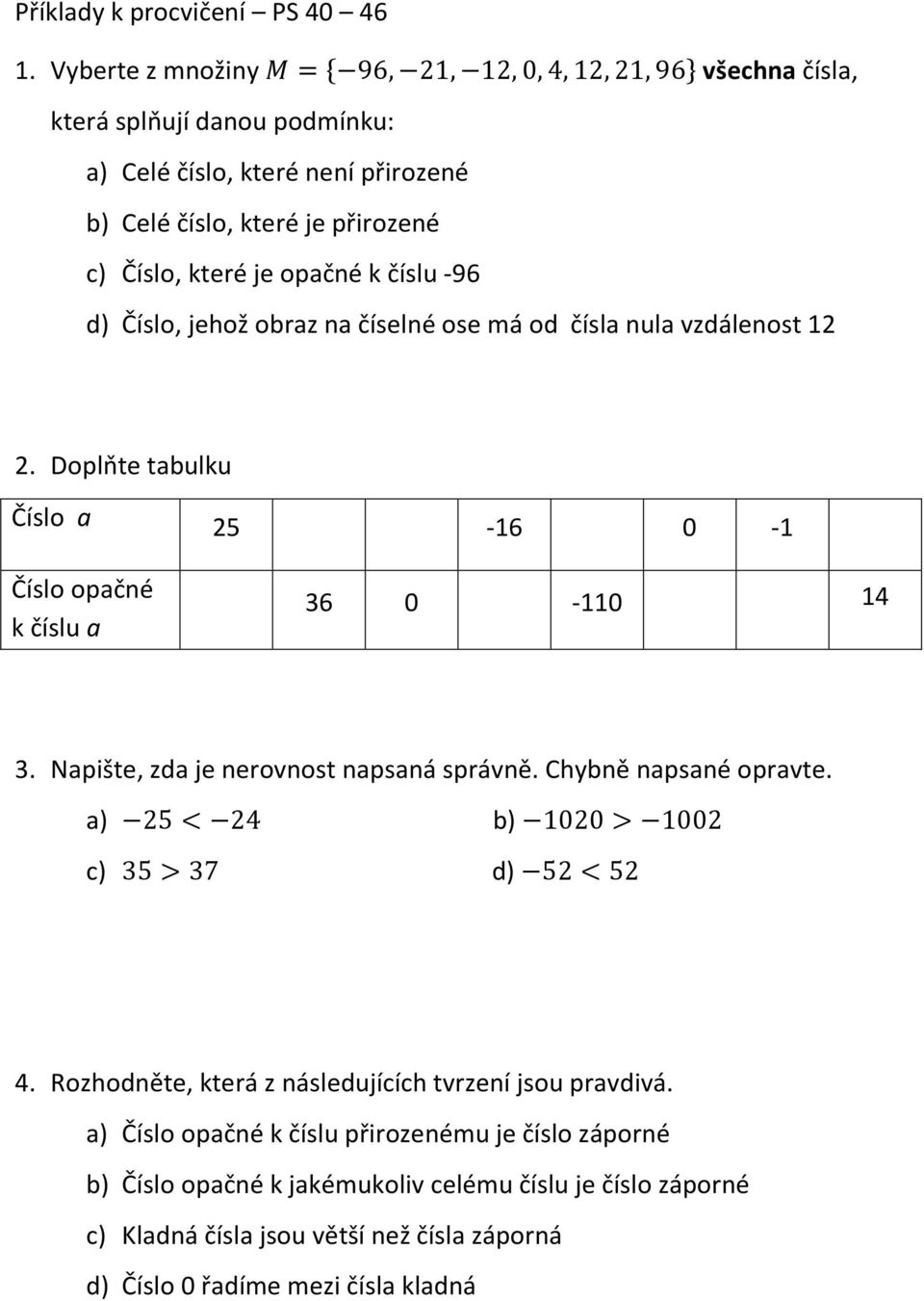 opačné k číslu -96 d) Číslo, jehož obraz na číselné ose má od čísla nula vzdálenost 12 2. Doplňte tabulku Číslo a 25-16 0-1 Číslo opačné k číslu a 36 0-110 14 3.