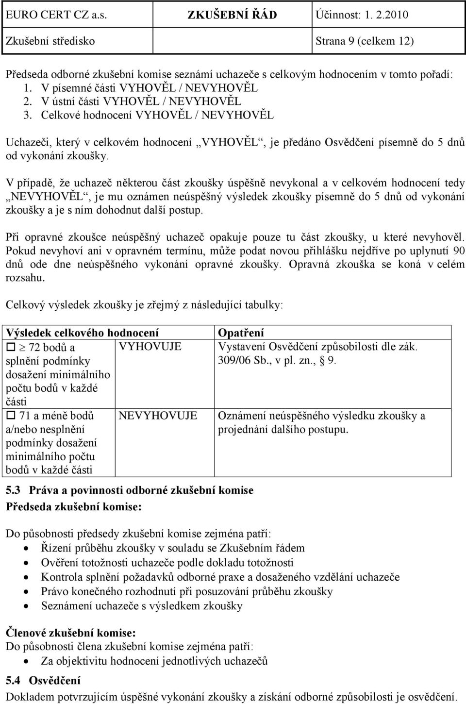 V případě, ţe uchazeč některou část úspěšně nevykonal a v celkovém hodnocení tedy NEVYHOVĚL, je mu oznámen neúspěšný výsledek písemně do 5 dnů od vykonání a je s ním dohodnut další postup.