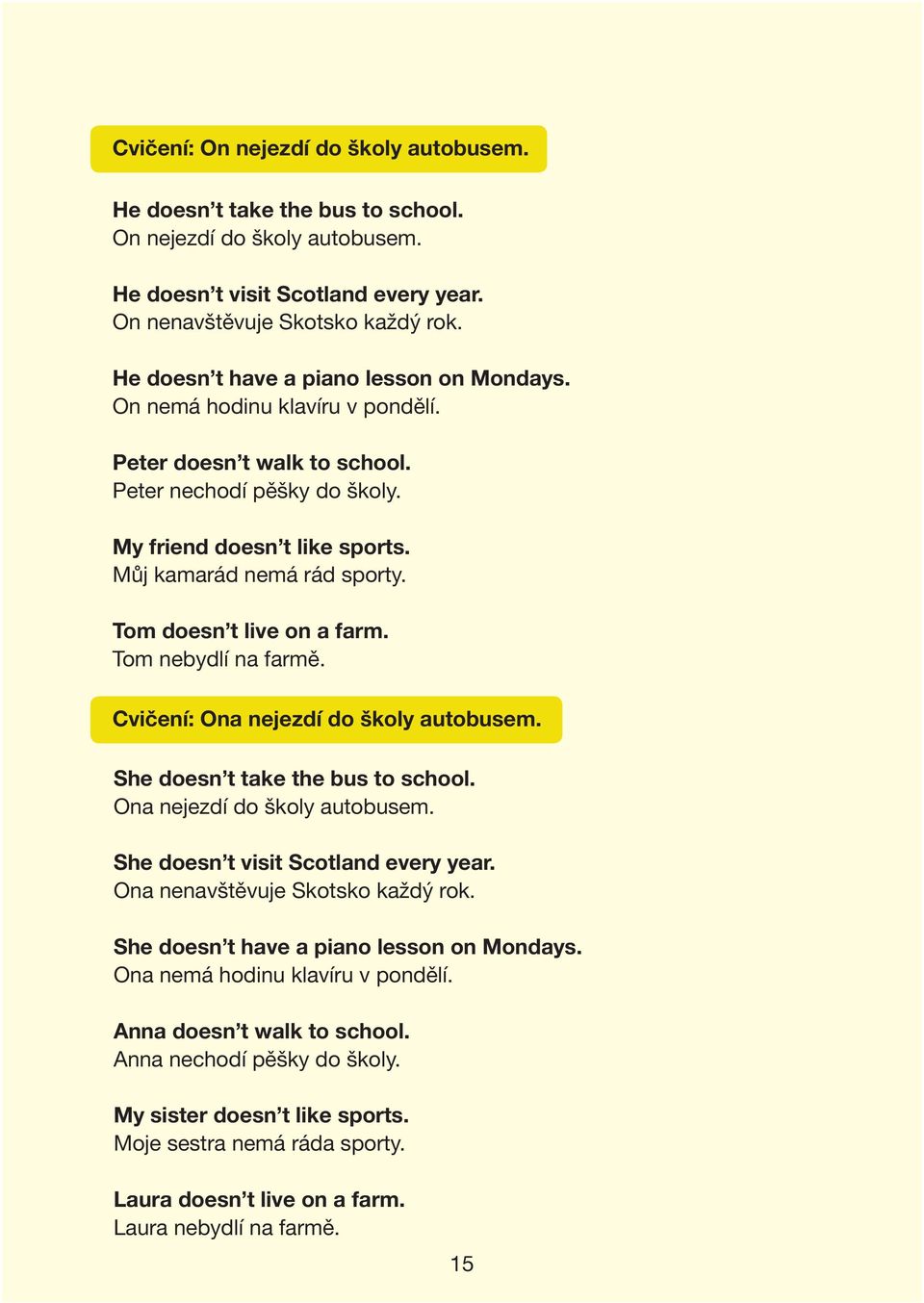 Tom doesn t live on a farm. Tom nebydlí na farmě. Cvičení: Ona nejezdí do školy autobusem. She doesn t take the bus to school. Ona nejezdí do školy autobusem. She doesn t visit Scotland every year.