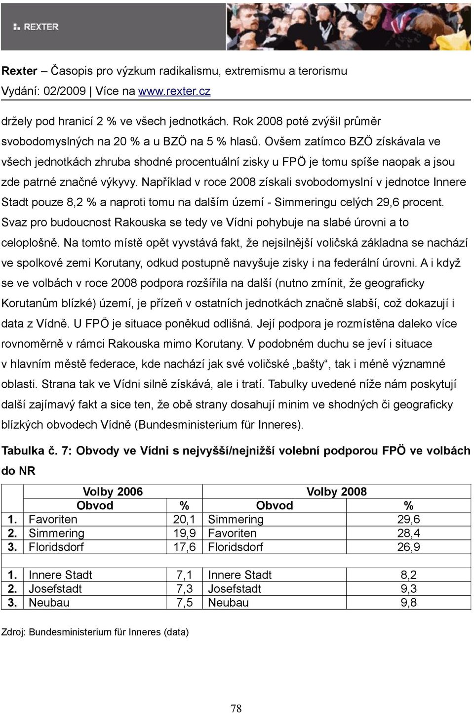Například v roce 2008 získali svobodomyslní v jednotce Innere Stadt pouze 8,2 % a naproti tomu na dalším území - Simmeringu celých 29,6 procent.