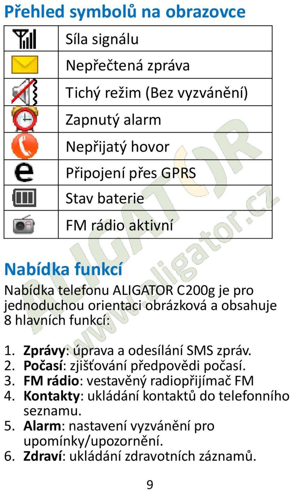 funkcí: 1. Zprávy: úprava a odesílání SMS zpráv. 2. Počasí: zjišťování předpovědi počasí. 3. FM rádio: vestavěný radiopřijímač FM 4.