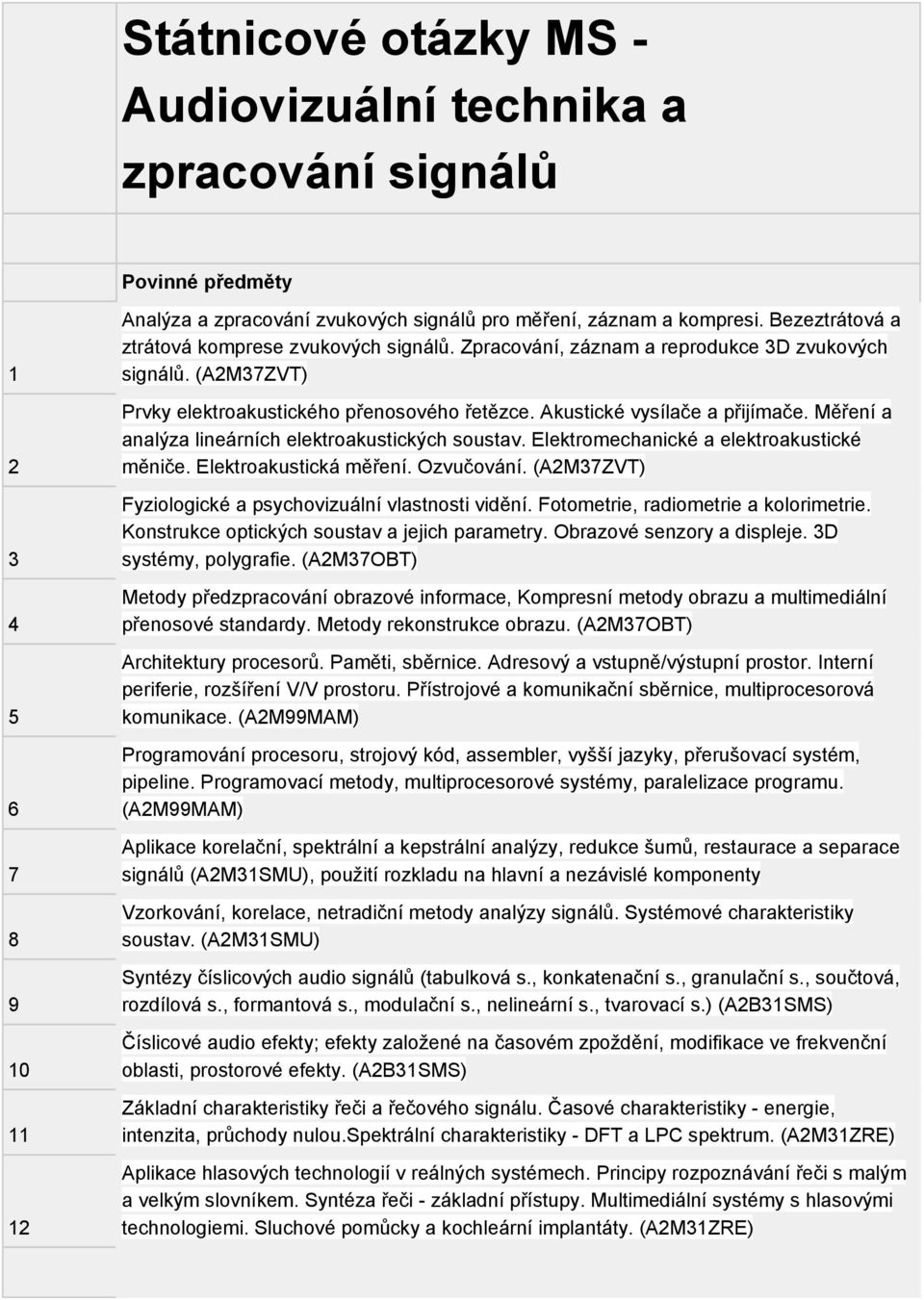 Měření a analýza lineárních elektroakustických soustav. Elektromechanické a elektroakustické měniče. Elektroakustická měření. Ozvučování. (AMZVT) Fyziologické a psychovizuální vlastnosti vidění.