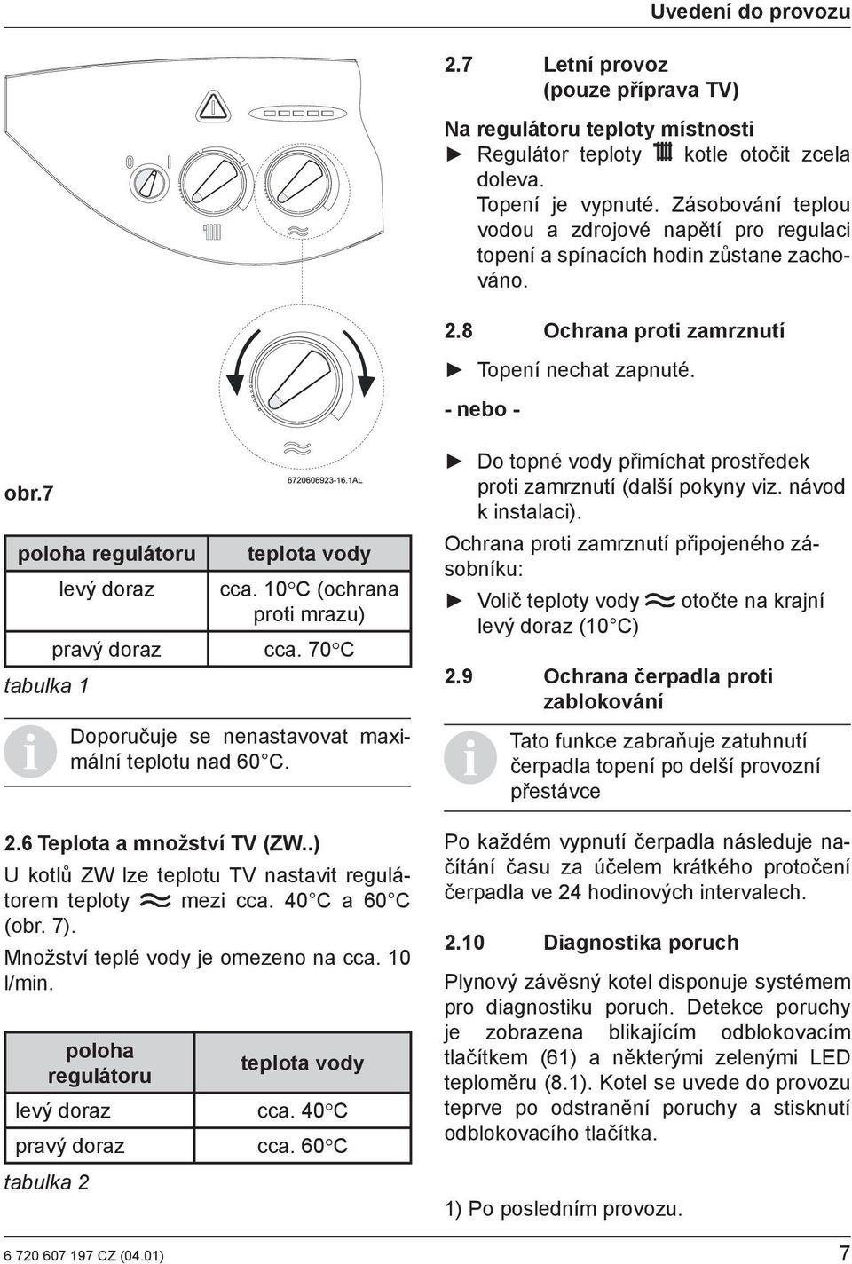 7 poloha regulátoru tabulka 1 levý doraz teplota vody cca. 10 C (ochrana proti mrazu) pravý doraz cca. 70 C Doporučuje se nenastavovat maximální teplotu nad 60 C. 2.6 Teplota a množství TV (ZW.