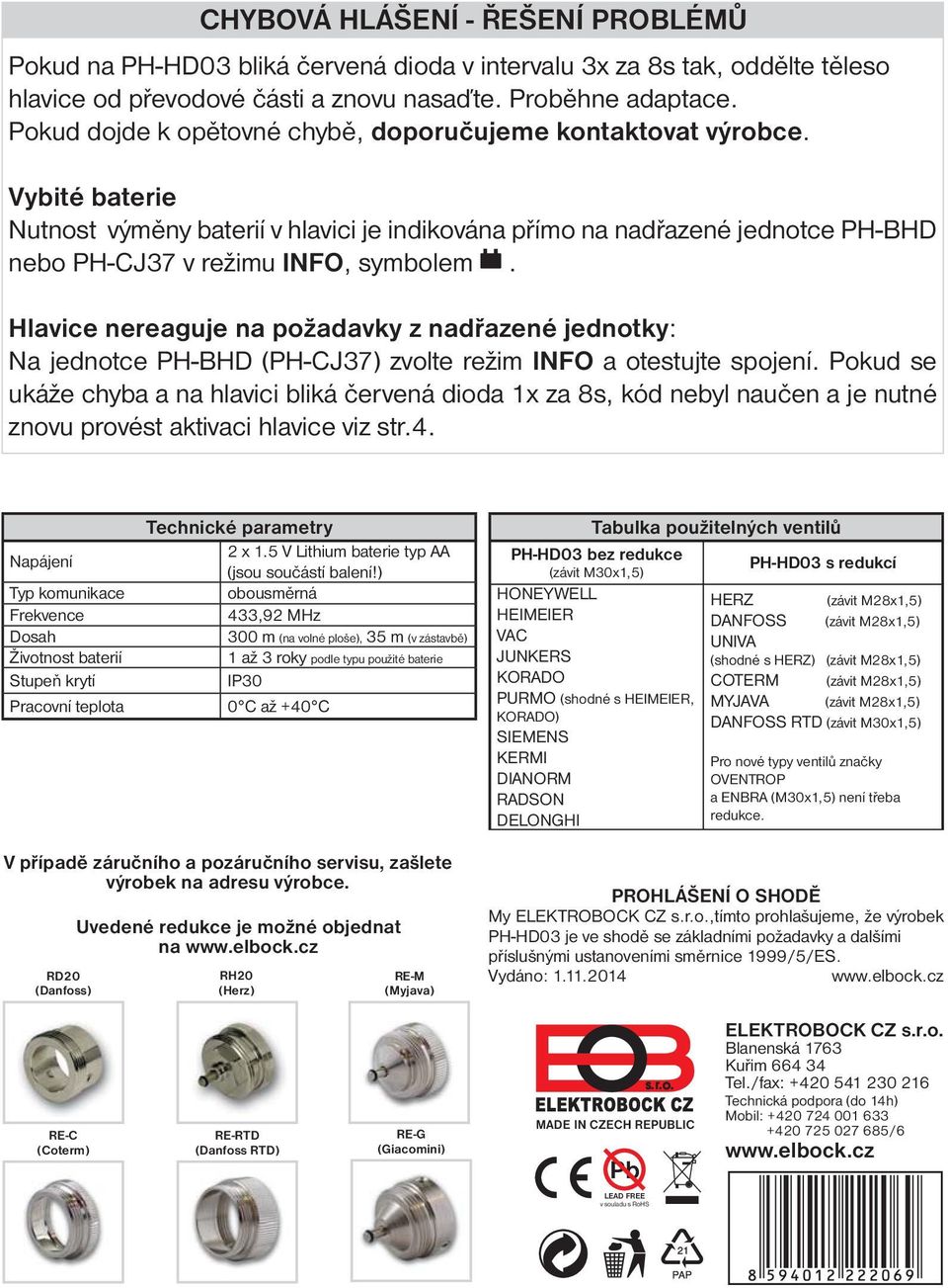 Hlavice nereaguje na požadavky z nadřazené jednotky: Na jednotce PH-BHD (PH-CJ37) zvolte režim INFO a otestujte spojení.