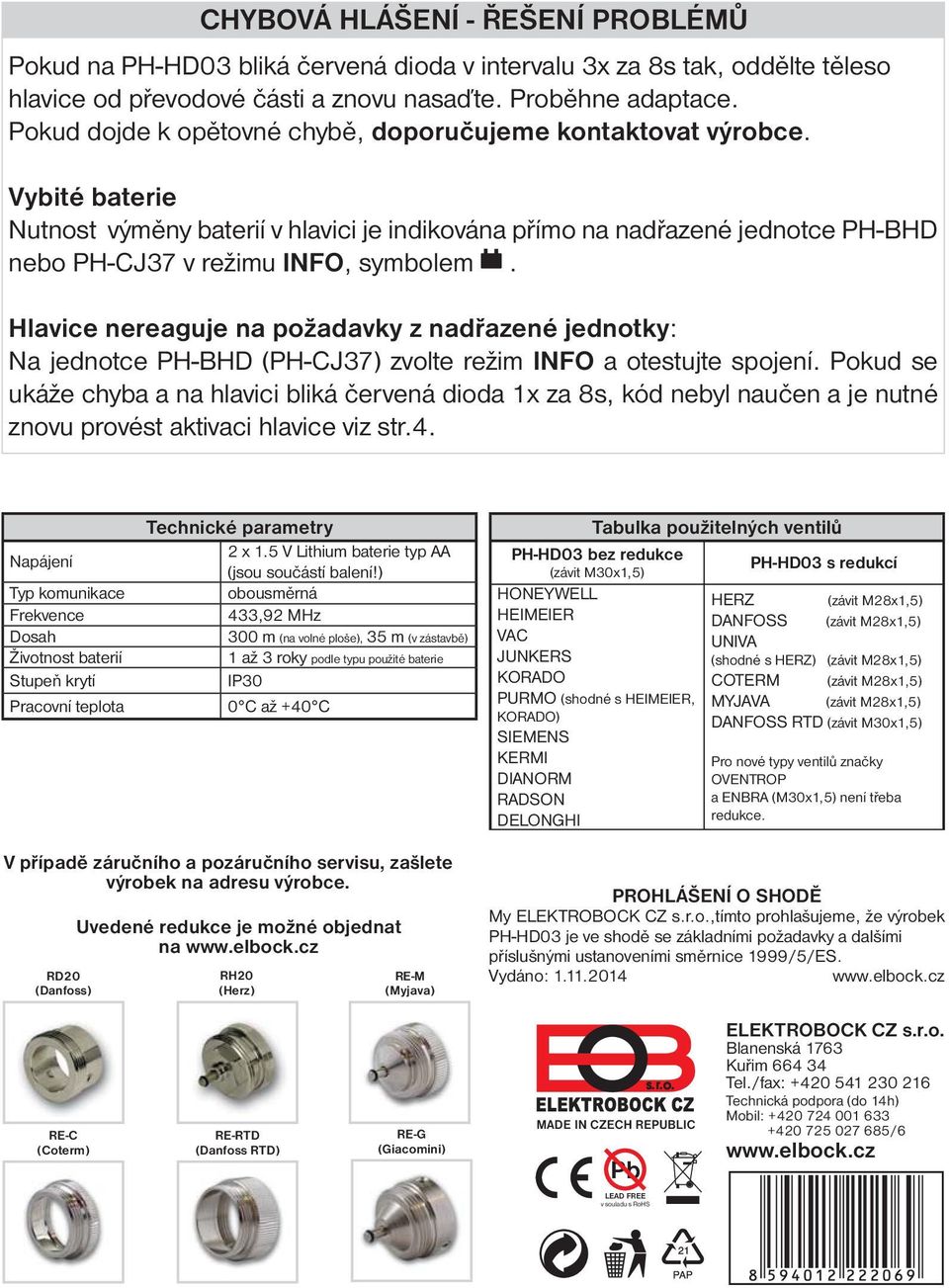 Hlavice nereaguje na požadavky z nadřazené jednotky: Na jednotce PH-BHD (PH-CJ37) zvolte režim INFO a otestujte spojení.