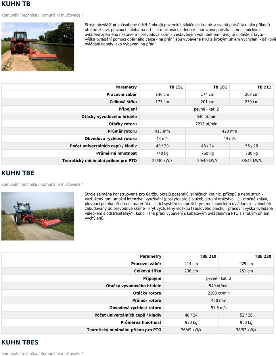 vychýlení - dálkové ovládání kabely jako vybavení na přání. Parametry TB 151 TB 181 TB 211 Pracovní záběr 146 cm 174 cm 203 cm Celková šířka 173 cm 201 cm 230 cm Připojení pevné - kat.