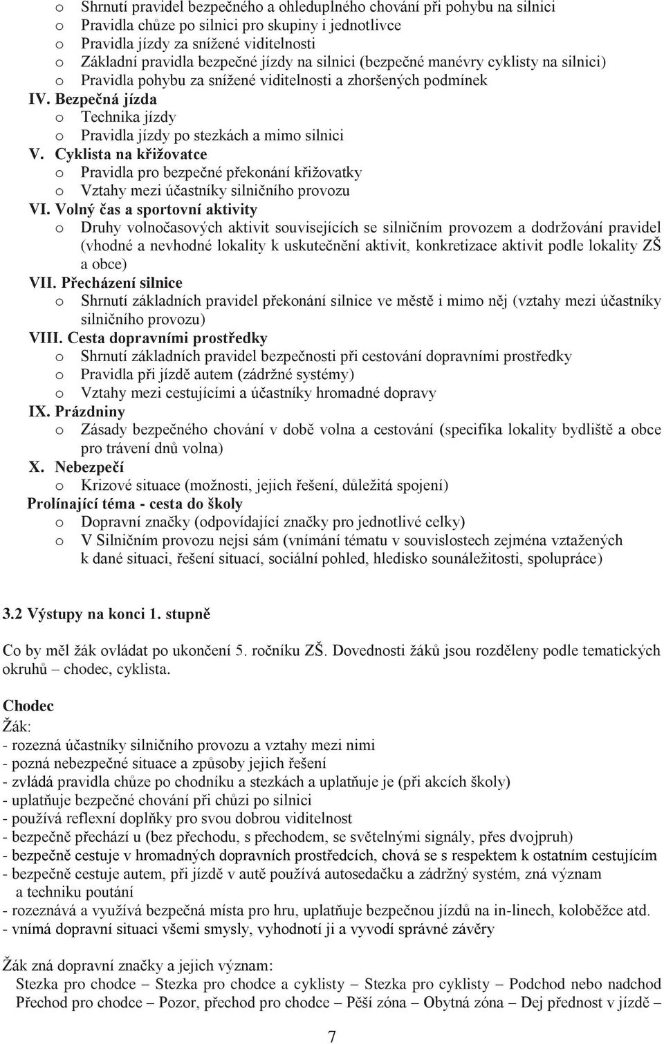 Bezpečná jízda o Technika jízdy o Pravidla jízdy po stezkách a mimo silnici V. Cyklista na křižovatce o Pravidla pro bezpečné překonání křižovatky o Vztahy mezi účastníky silničního provozu VI.