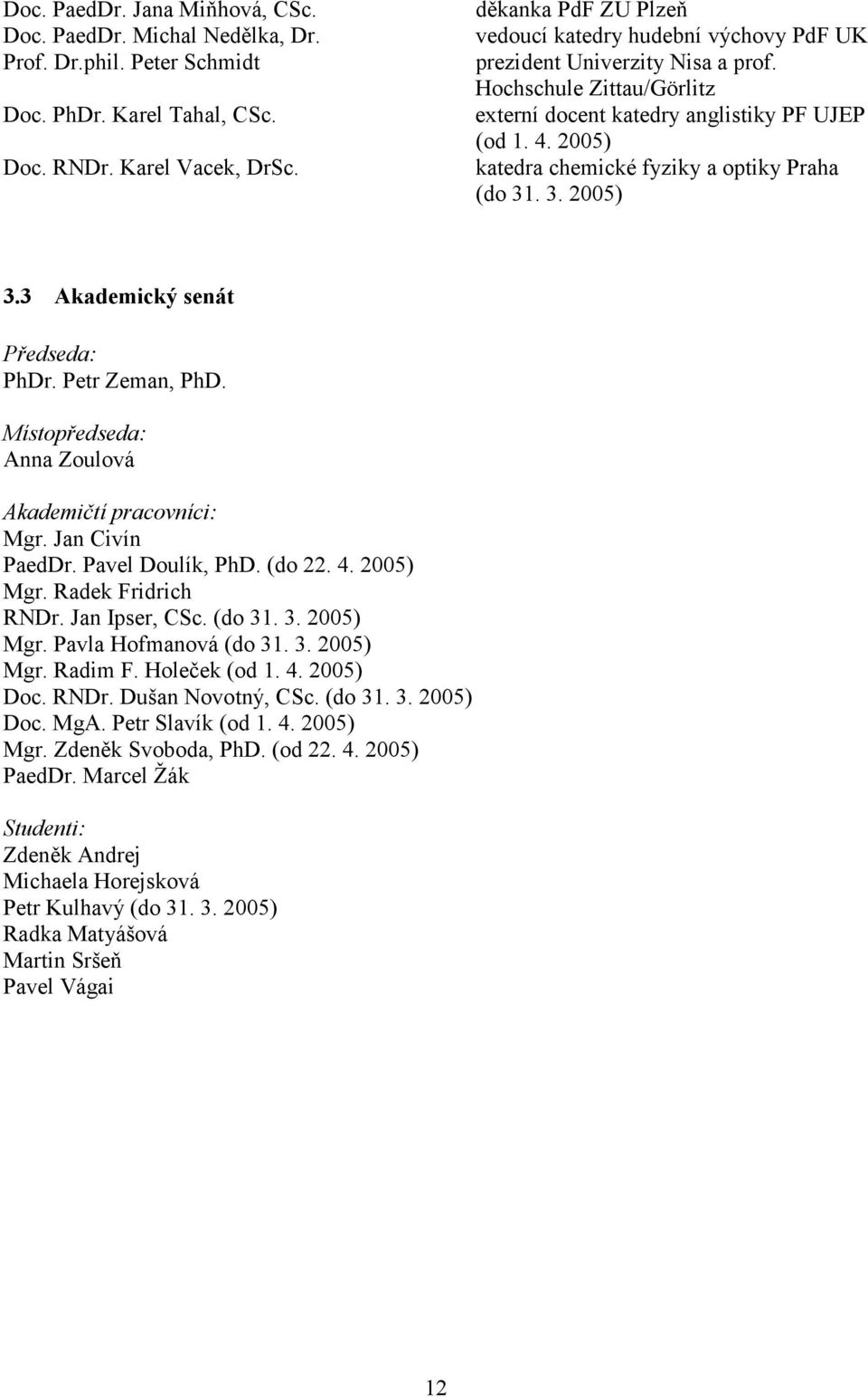 2005) katedra chemické fyziky a optiky Praha (do 31. 3. 2005) 3.3 Akademický senát Předseda: PhDr. Petr Zeman, PhD. Místopředseda: Anna Zoulová Akademičtí pracovníci: Mgr. Jan Civín PaedDr.