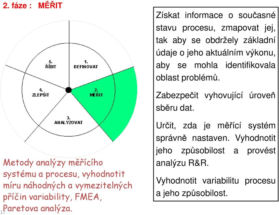 Metody analýzy měřícího systému a procesu, vyhodnotit míru náhodných a vymezitelných příčin variability, FMEA, Paretova