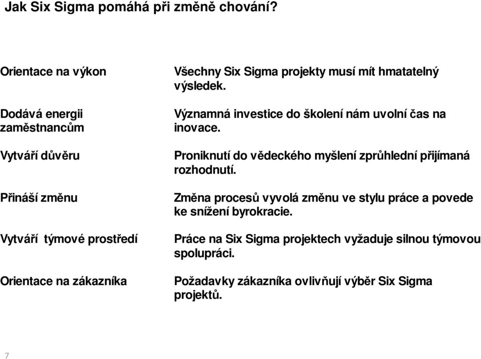 Six Sigma projekty musí mít hmatatelný výsledek. Významná investice do školení nám uvolní čas na inovace.