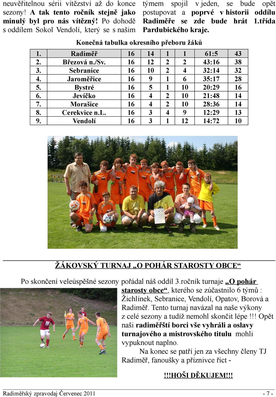Konečná tabulka okresního přeboru žáků.... 5.. 7. 8.. Radiměř Březová n./sv. Sebranice Jaroměřice Bystré Jevíčko Morašice Cerekvice n.l. Vendolí 5 :5 : : 5:7 : :8 8: : :7 8 8 ŽÁKOVSKÝ TURNAJ O POHÁR STAROSTY OBCE Po skončení veleúspěšné sezony pořádal náš oddíl.