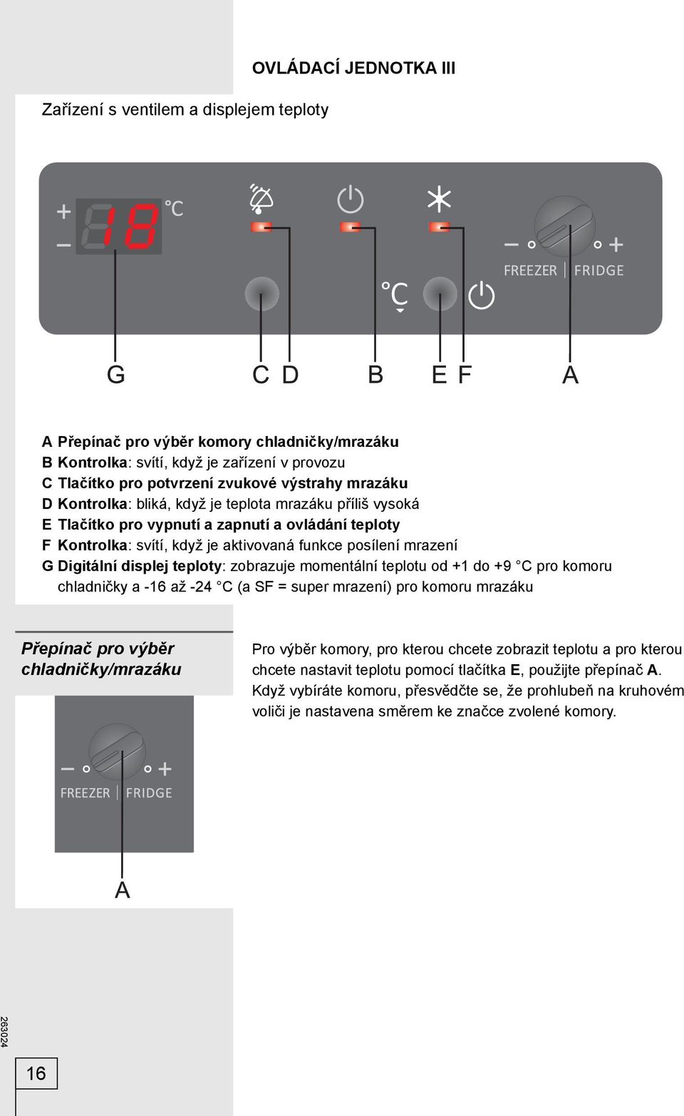 displej teploty: zobrazuje momentální teplotu od +1 do +9 C pro komoru chladničky a -16 až -24 C (a SF = super mrazení) pro komoru mrazáku Přepínač pro výběr chladničky/mrazáku Pro výběr komory, pro