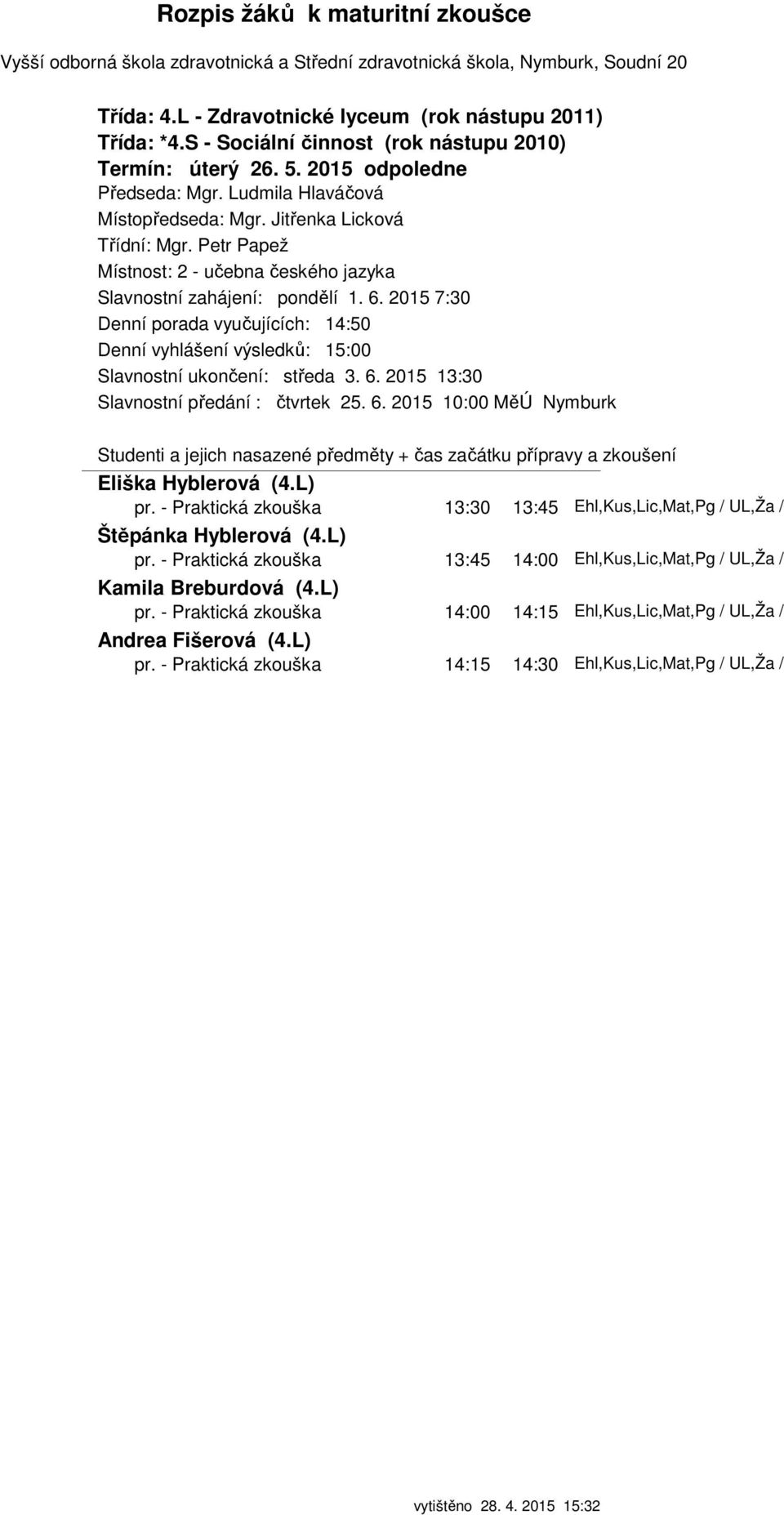 2015 7:30 Denní porada vyučujících: 14:50 Denní vyhlášení výsledků: 15:00 Slavnostní ukončení: středa 3. 6. 2015 13:30 Eliška Hyblerová (4.L) pr.