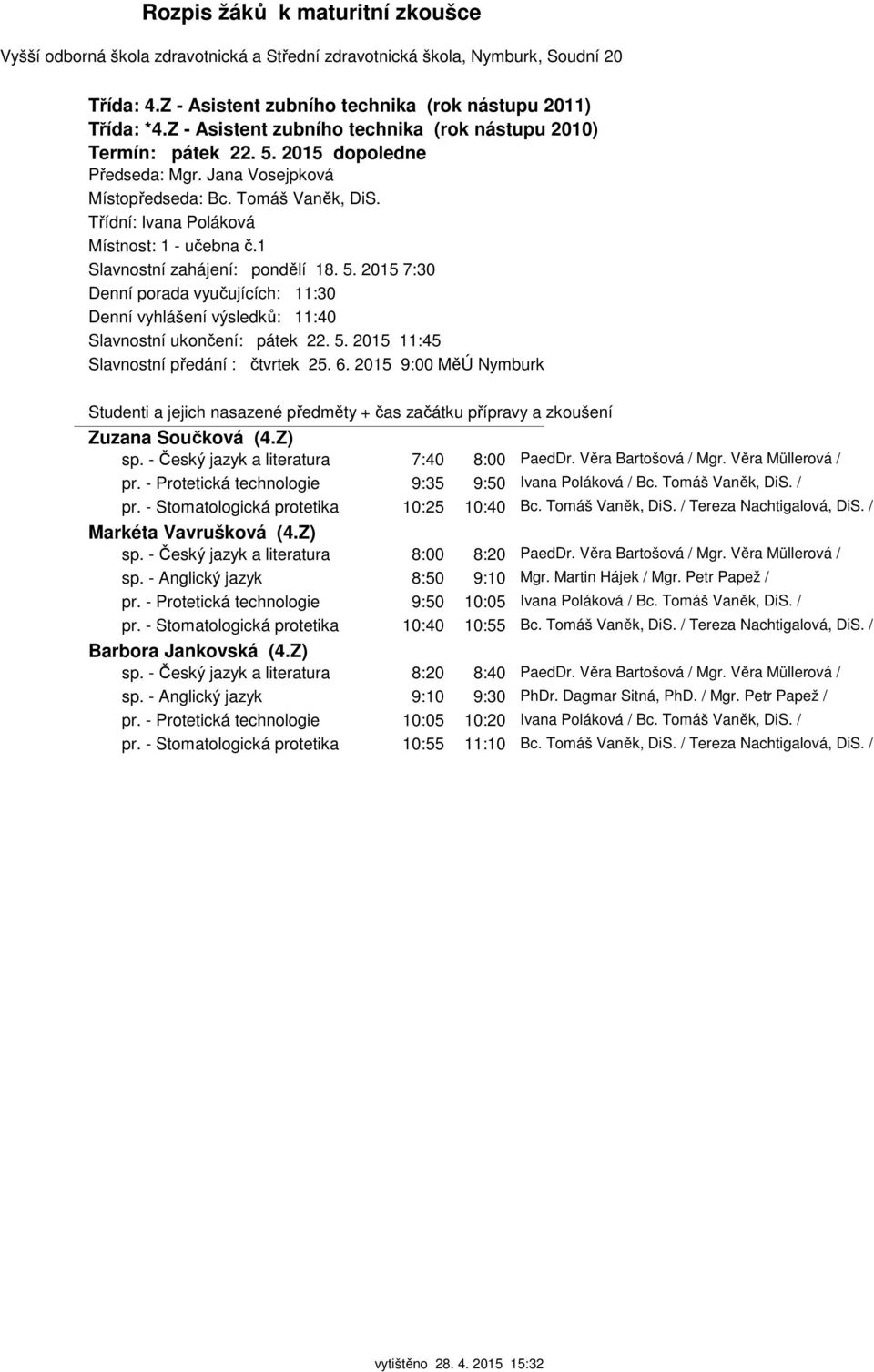 2015 7:30 Denní porada vyučujících: 11:30 Denní vyhlášení výsledků: 11:40 Slavnostní ukončení: pátek 22. 5. 2015 11:45 Slavnostní předání : čtvrtek 25. 6. 2015 9:00 MěÚ Nymburk Zuzana Součková (4.