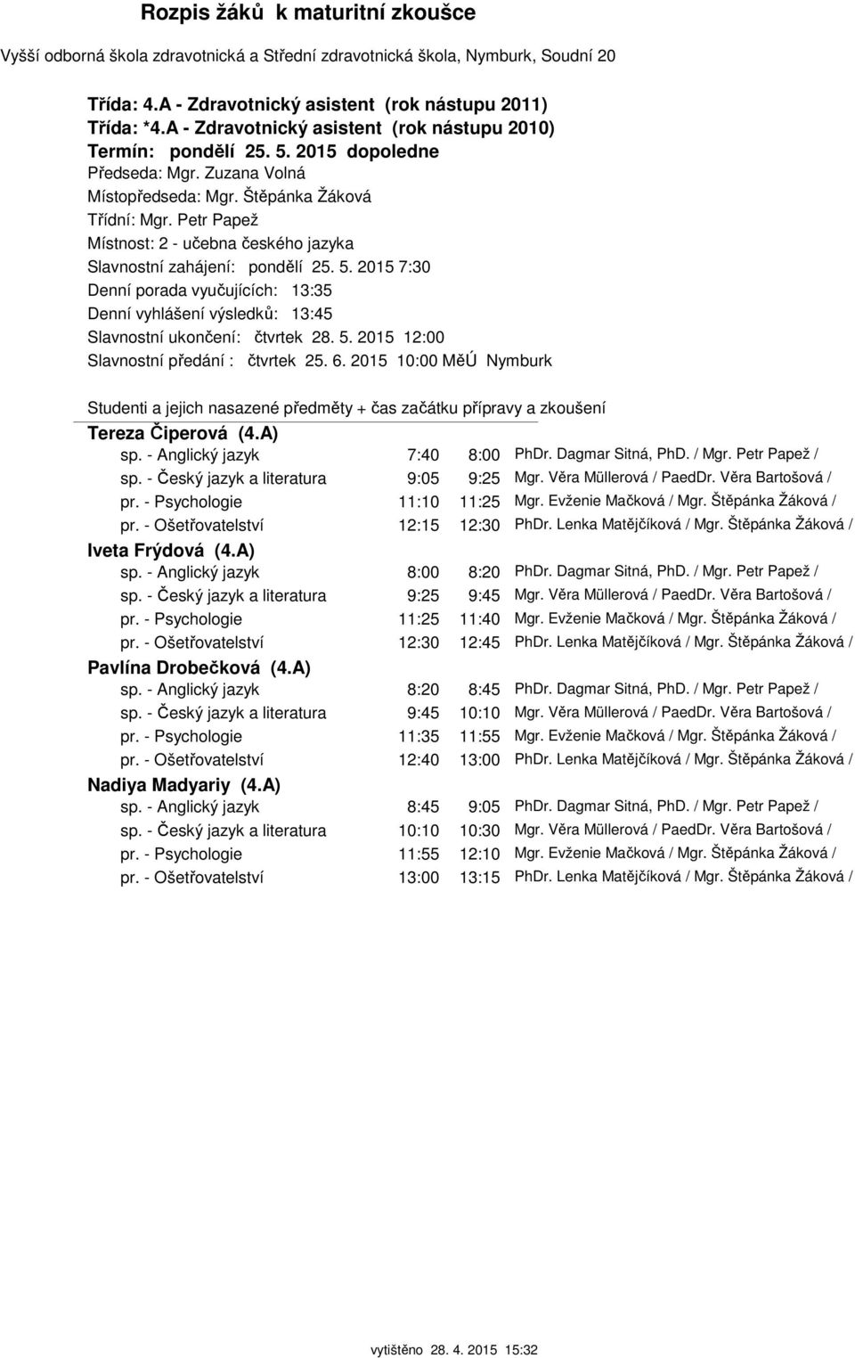 - Anglický jazyk 7:40 8:00 PhDr. Dagmar Sitná, PhD. / Mgr. Petr Papež / sp. - Český jazyk a literatura 9:05 9:25 Mgr. Věra Müllerová / PaedDr. Věra Bartošová / pr. - Psychologie 11:10 11:25 Mgr.