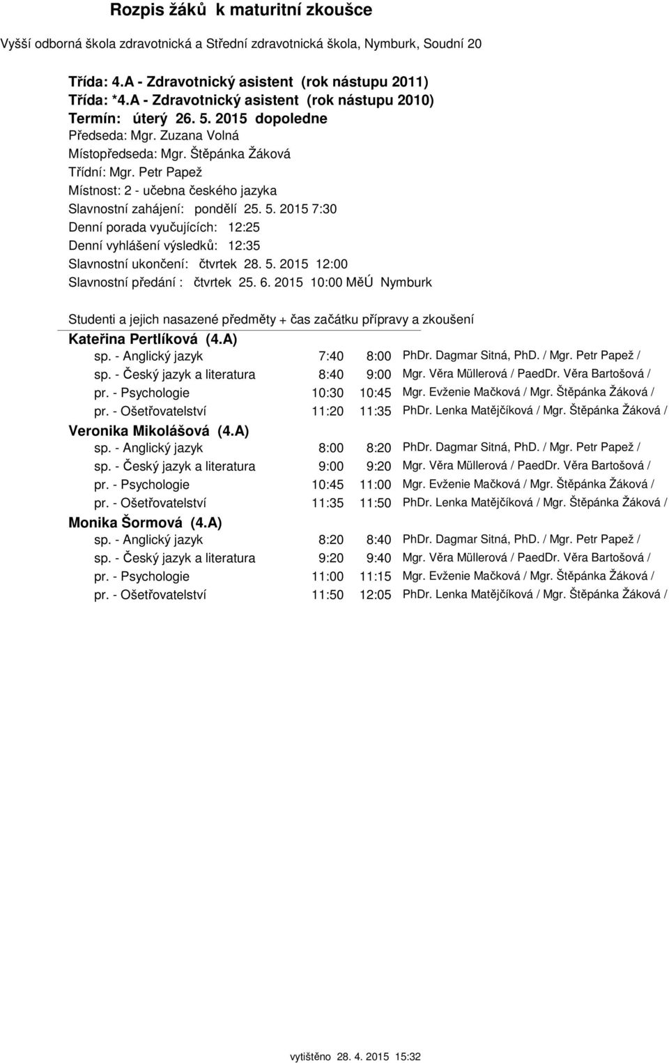 A) sp. - Anglický jazyk 7:40 8:00 PhDr. Dagmar Sitná, PhD. / Mgr. Petr Papež / sp. - Český jazyk a literatura 8:40 9:00 Mgr. Věra Müllerová / PaedDr. Věra Bartošová / pr.