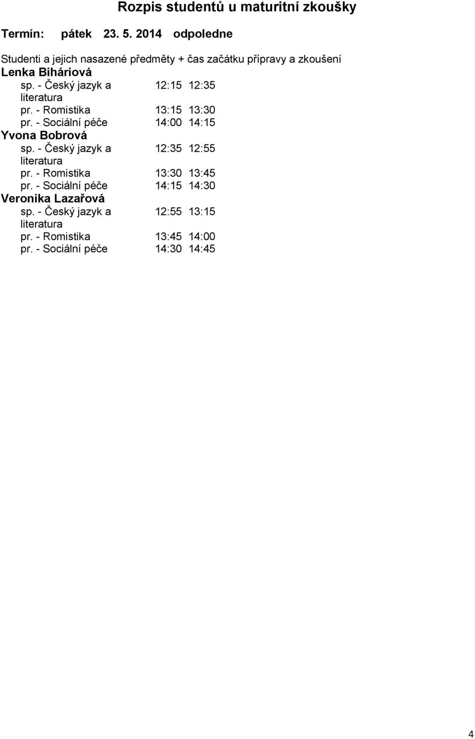 - Český jazyk a 12:35 12:55 pr. - Romistika 13:30 13:45 pr.