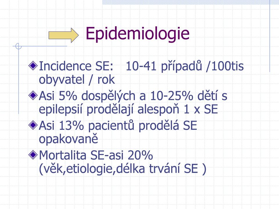 epilepsií prodělají alespoň 1 x SE Asi 13% pacientů