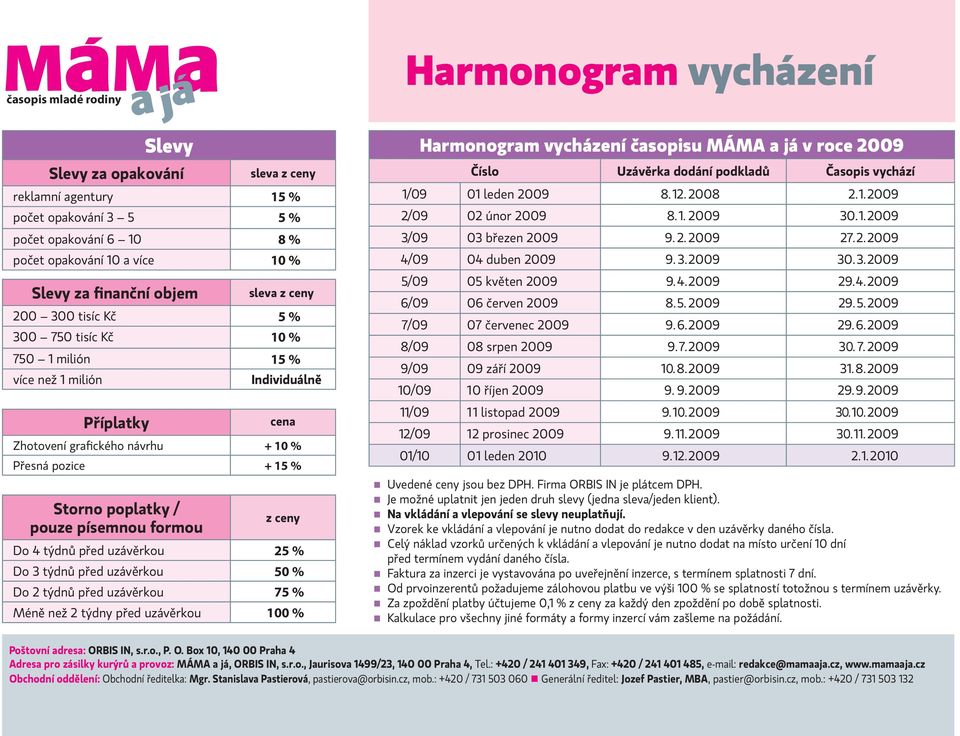 před uzávěrkou 25 % Do 3 týdnů před uzávěrkou 50 % Do 2 týdnů před uzávěrkou 75 % Méně než 2 týdny před uzávěrkou 100 % Harmonogram vycházení Harmonogram vycházení časopisu MÁMA a já v roce 2009