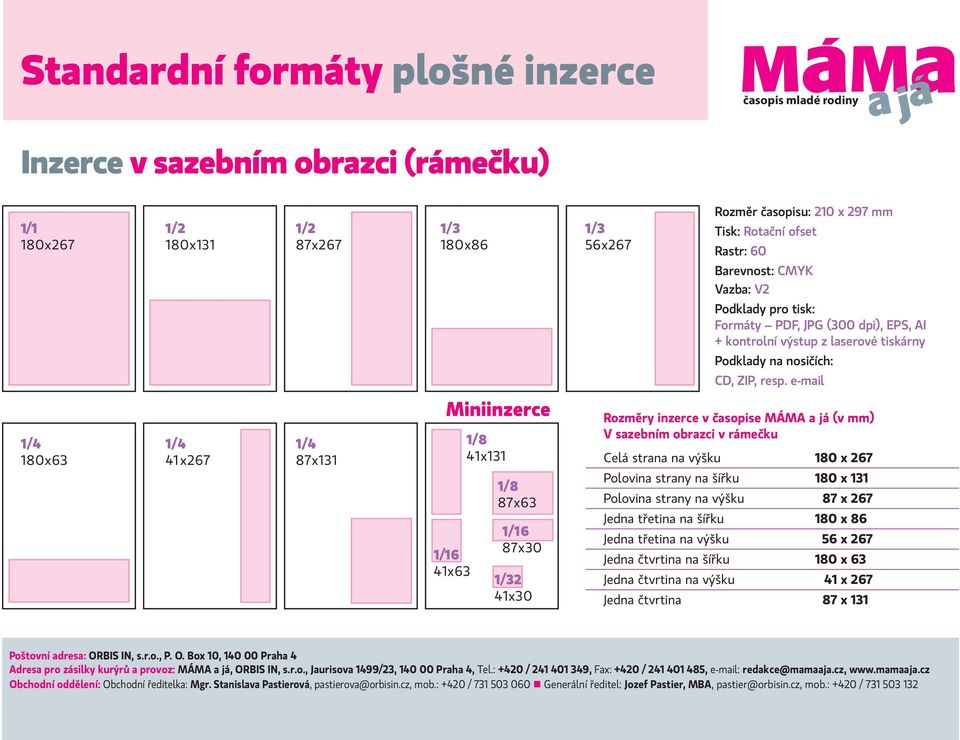 e-mail 180x63 41x267 87x131 Miniinzerce 1/16 41x63 1/8 41x131 1/8 87x63 1/16 87x30 2 41x30 Rozměry inzerce v časopise MÁMA a já (v mm) V sazebním obrazci v rámečku Celá strana na výšku 180 x 267