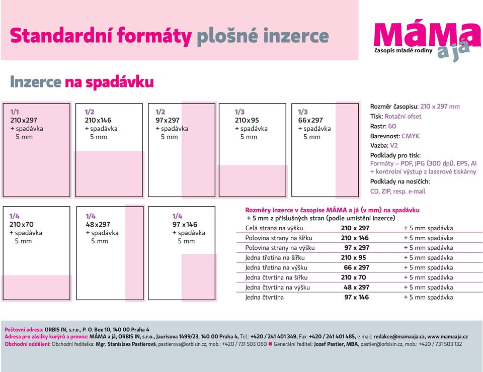 e-mail 210x70 48x297 97 x146 Rozměry inzerce v časopise MÁMA a já (v mm) na spadávku + z příslušných stran (podle umístění inzerce) Celá strana na výšku 210 x 297 + spadávka Polovina strany na šířku