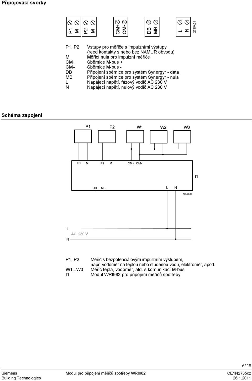 230 V N Napájecí napětí, nulový vodič AC 230 V Schéma zapojení P1 P2 W1 W2 W3 P1 M P2 M CM+ CM- I1 DB MB L N 2735A02 DB MB N1 L N AC 230 V P1, P2 Měřič s bezpotenciálovým