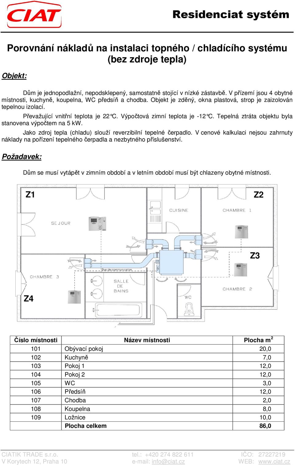 Výpočtová zimní teplota je -12 C. Tepelná ztráta objektu byla stanovena výpočtem na 5 kw. Jako zdroj tepla (chladu) slouží reverzibilní tepelné čerpadlo.