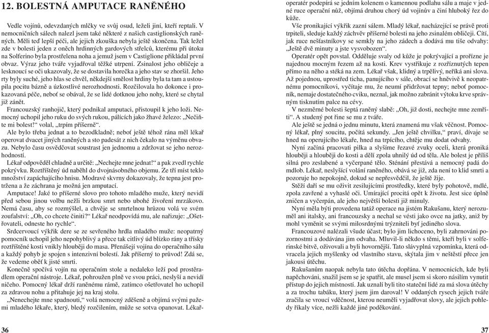 Tak ležel zde v bolesti jeden z oněch hrdinných gardových střelců, kterému při útoku na Solferino byla prostřelena noha a jemuž jsem v Castiglione přikládal první obvaz.