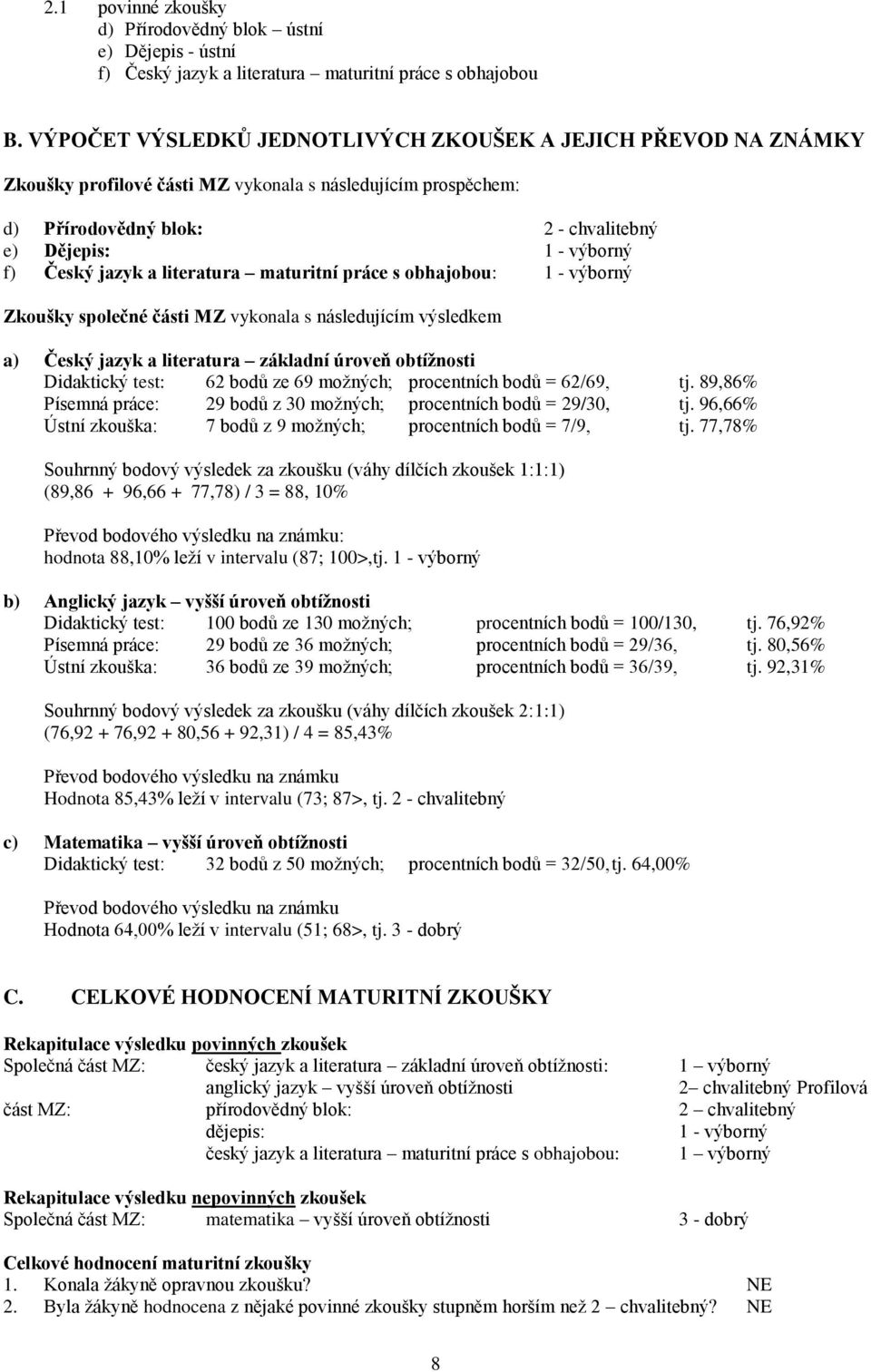 jazyk a literatura maturitní práce s obhajobou: 1 - výborný Zkoušky společné části MZ vykonala s následujícím výsledkem a) Český jazyk a literatura základní úroveň obtíţnosti Didaktický test: 62 bodů