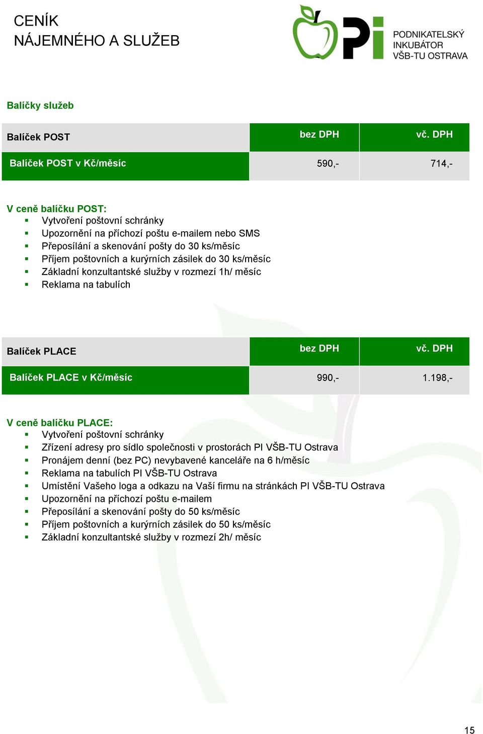 a kurýrních zásilek do 30 ks/měsíc Základní konzultantské služby v rozmezí 1h/ měsíc Reklama na tabulích Balíček PLACE bez DPH vč. DPH Balíček PLACE v Kč/měsíc 990,- 1.