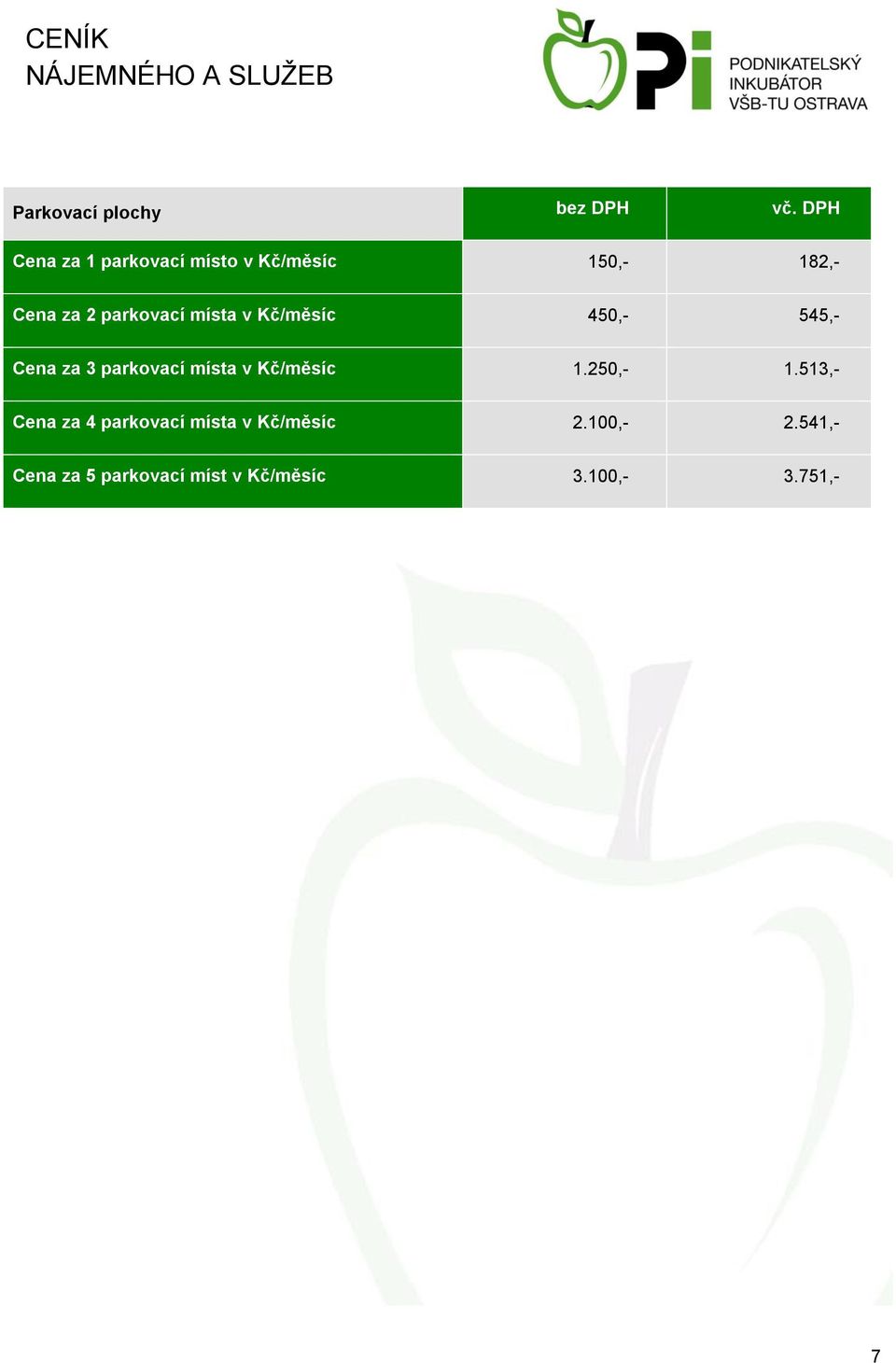 místa v Kč/měsíc 450,- 545,- Cena za 3 parkovací místa v Kč/měsíc 1.