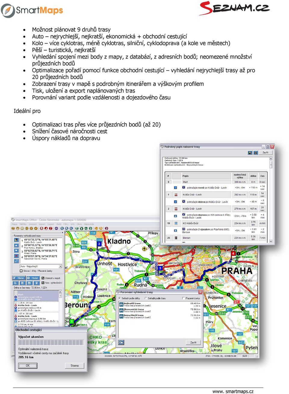 funkce obchodní cestující vyhledání nejrychlejší trasy až pro 20 průjezdních bodů Zobrazení trasy v mapě s podrobným itinerářem a výškovým profilem Tisk, uložení a export