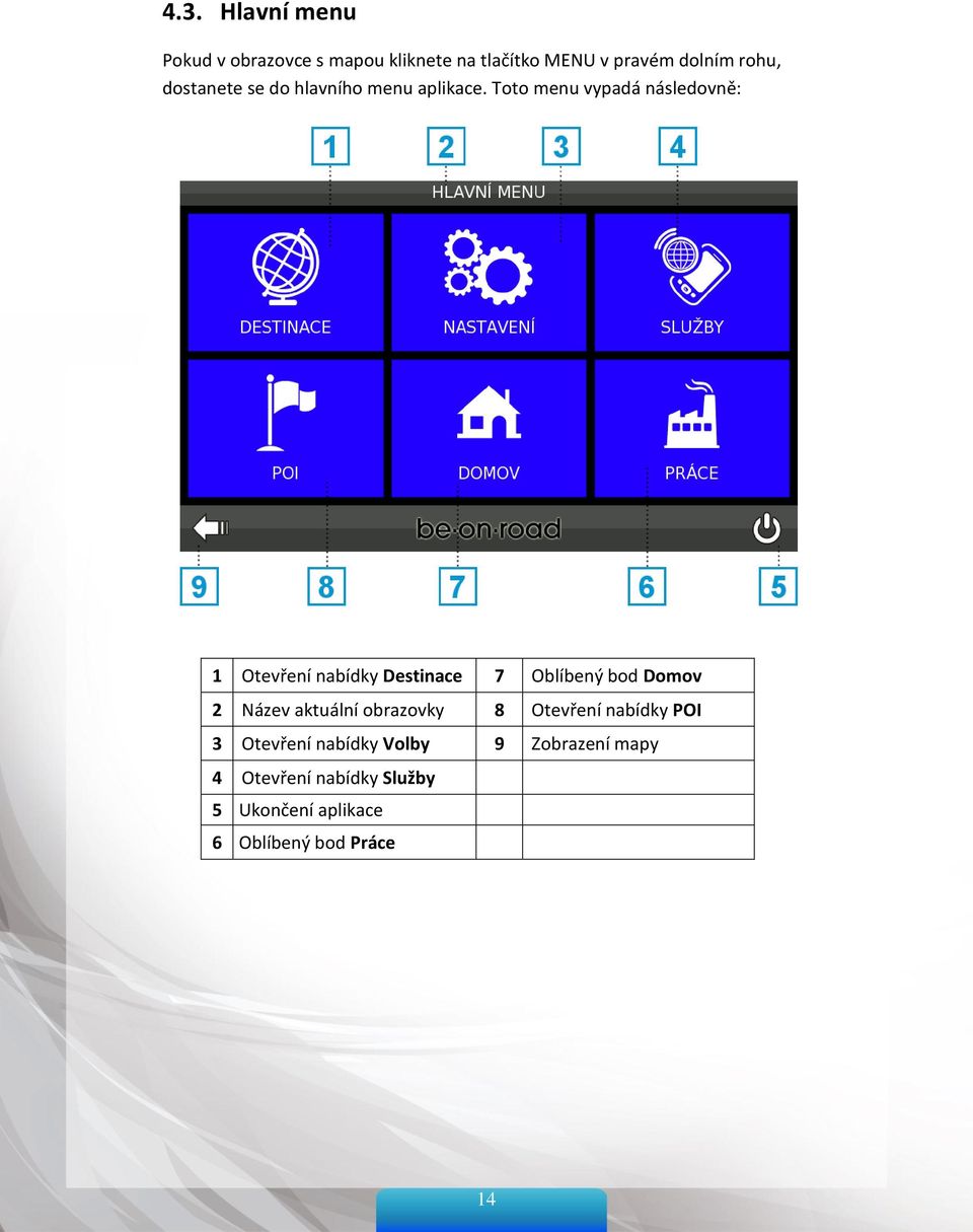 Toto menu vypadá následovně: 1 Otevření nabídky Destinace 7 Oblíbený bod Domov 2 Název
