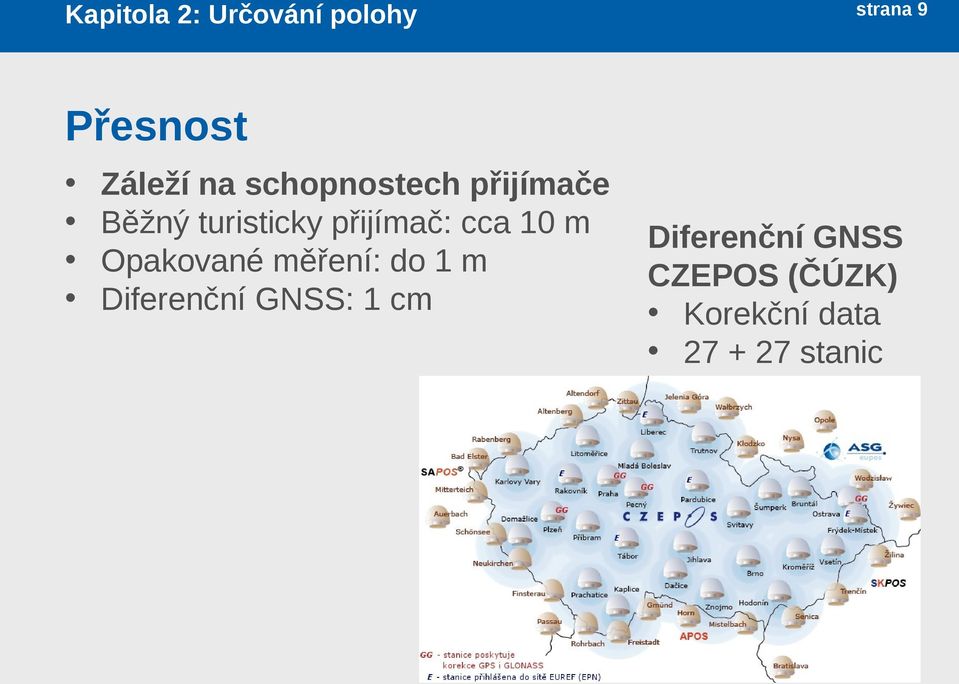 cca 10 m Opakované měření: do 1 m Diferenční GNSS: 1