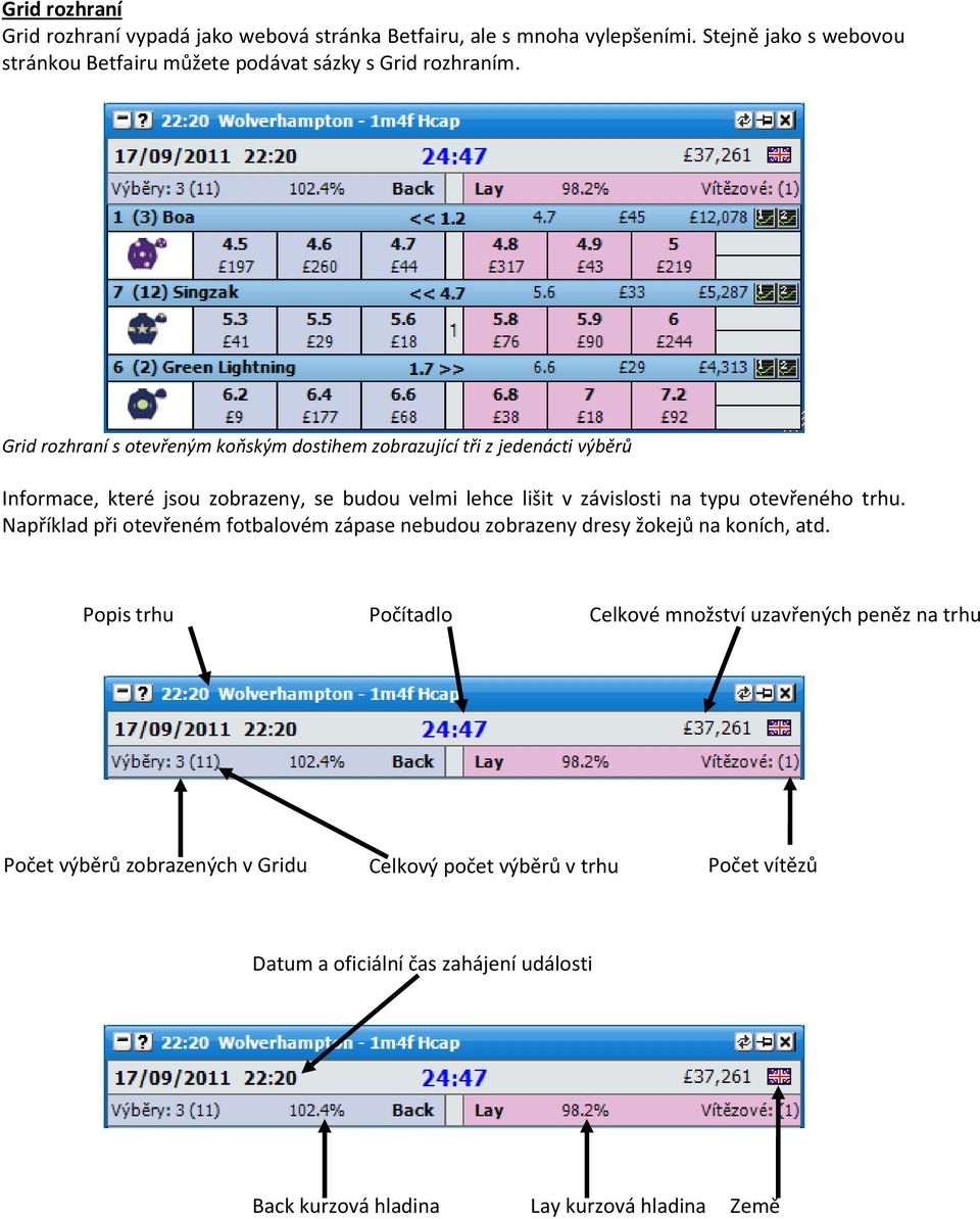 Grid rozhraní s otevřeným koňským dostihem zobrazující tři z jedenácti výběrů Informace, které jsou zobrazeny, se budou velmi lehce lišit v závislosti na typu