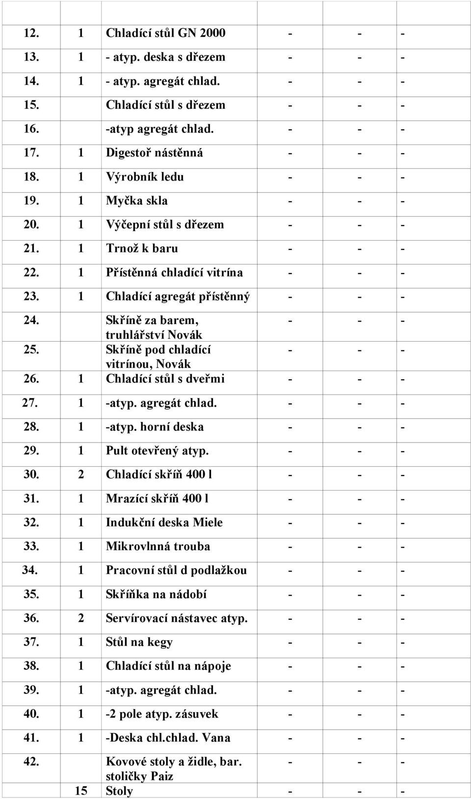 Skříně pod chladící vitrínou, Novák 26. 1 Chladící stůl s dveřmi 27. 1 -atyp. agregát chlad. 28. 1 -atyp. horní deska 29. 1 Pult otevřený atyp. 30. 2 Chladící skříň 400 l 31. 1 Mrazící skříň 400 l 32.