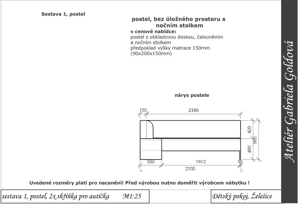 čalouněním a nočním stolkem předpoklad výšky matrace 150mm