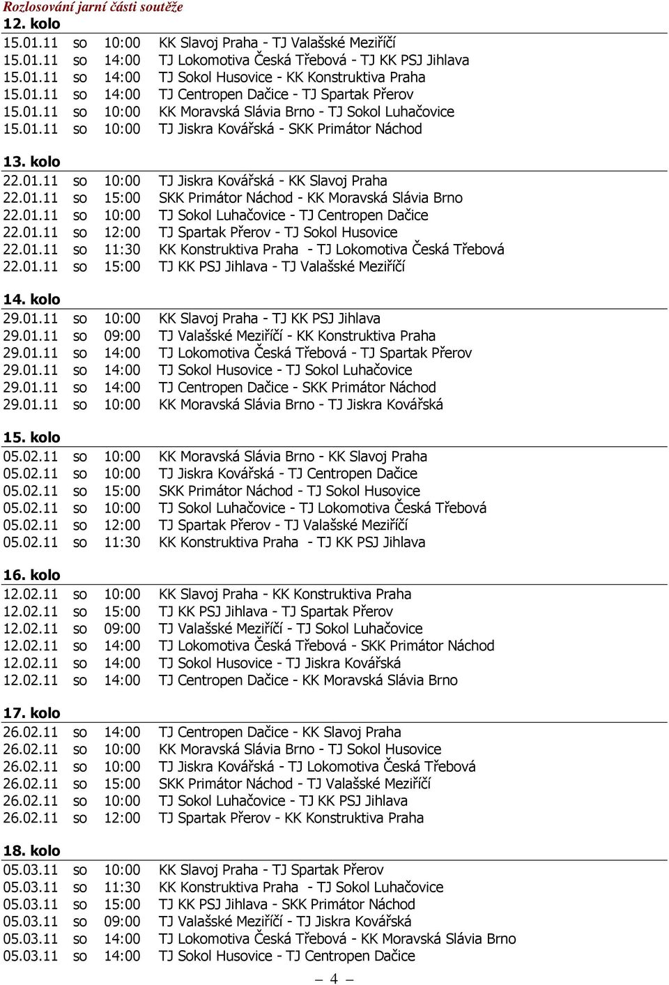 01.11 so 15:00 SKK Primátor Náchod - KK Moravská Slávia Brno 22.01.11 so 10:00 TJ Sokol Luhačovice - TJ Centropen Dačice 22.01.11 so 12:00 TJ Spartak Přerov - TJ Sokol Husovice 22.01.11 so 11:30 KK Konstruktiva Praha - TJ Lokomotiva Česká Třebová 22.