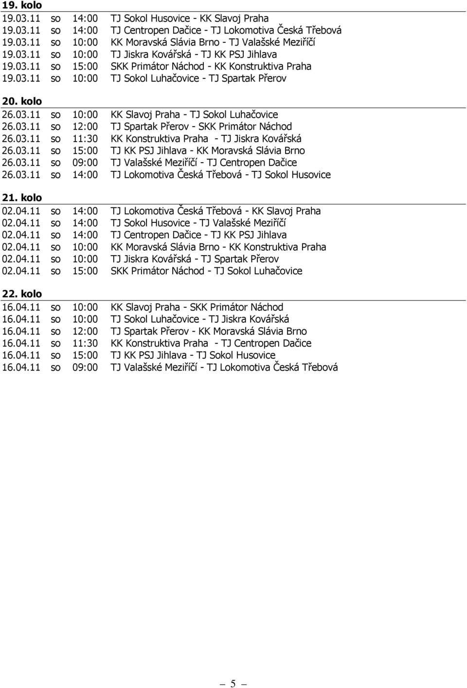 03.11 so 12:00 TJ Spartak Přerov - SKK Primátor Náchod 26.03.11 so 11:30 KK Konstruktiva Praha - TJ Jiskra Kovářská 26.03.11 so 15:00 TJ KK PSJ Jihlava - KK Moravská Slávia Brno 26.03.11 so 09:00 TJ Valašské Meziříčí - TJ Centropen Dačice 26.