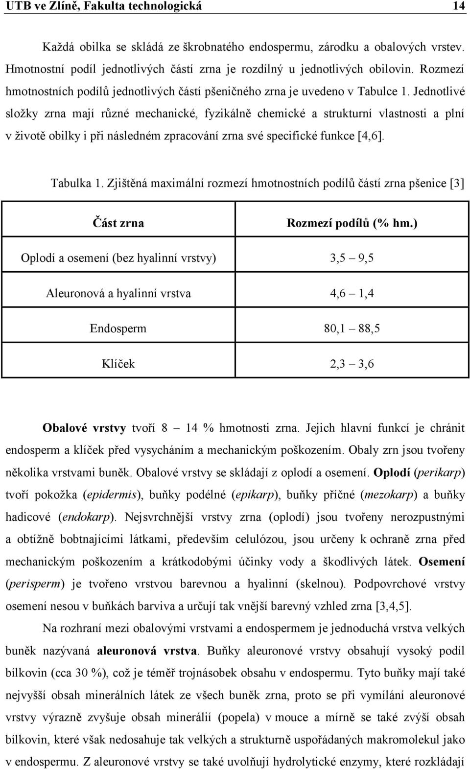 Jednotlivé složky zrna mají různé mechanické, fyzikálně chemické a strukturní vlastnosti a plní v životě obilky i při následném zpracování zrna své specifické funkce [4,6]. Tabulka 1.