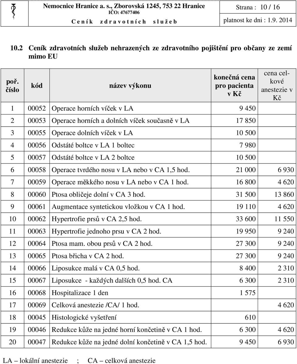 dolních víček současně v LA 17 850 3 00055 Operace dolních víček v LA 10 500 4 00056 Odstáté boltce v LA 1 boltec 7 980 5 00057 Odstáté boltce v LA 2 boltce 10 500 cena celkové anestezie v Kč 6 00058