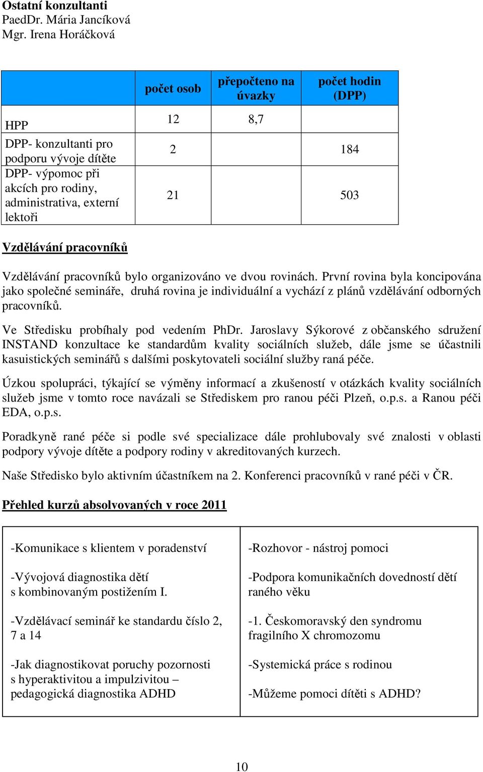 503 Vzdělávání pracovníků Vzdělávání pracovníků bylo organizováno ve dvou rovinách.