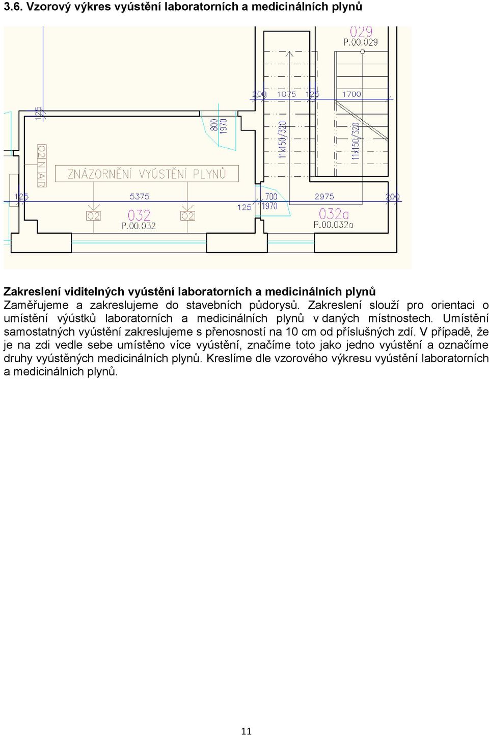 Umístění samostatných vyústění zakreslujeme s přenosností na 10 cm od příslušných zdí.